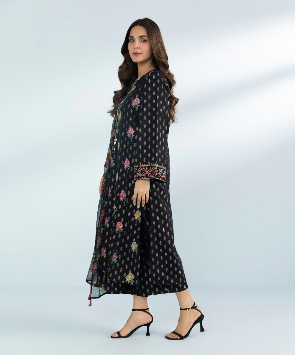 Women's 3 Piece Dyed Embroidered Jacquard Suit in Black 