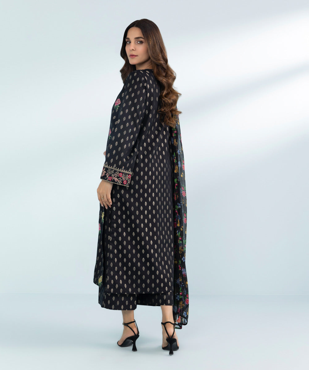 Women's 3 Piece Dyed Embroidered Jacquard Suit in Black 