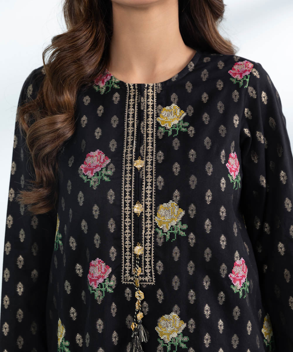 Women's 3 Piece Dyed Embroidered Jacquard Suit in Black 