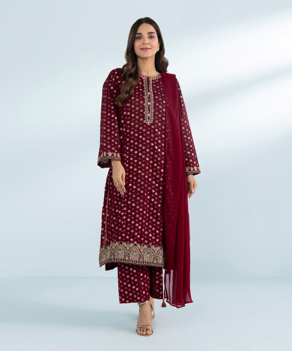 Women's 3 Piece Dyed Embroidered Jacquard Suit in Red