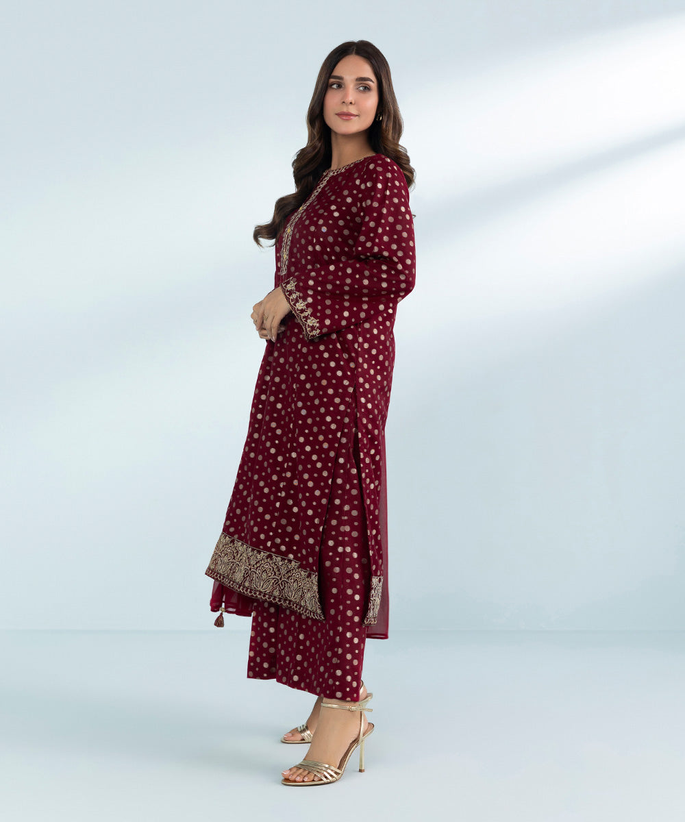 Women's 3 Piece Dyed Embroidered Jacquard Suit in Red