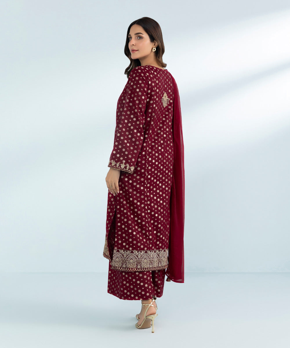 Women's 3 Piece Dyed Embroidered Jacquard Suit in Red