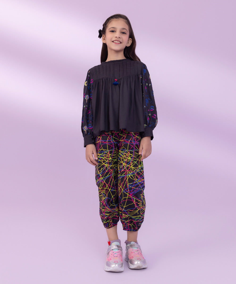 Girls Black Embroidered Cambric Set