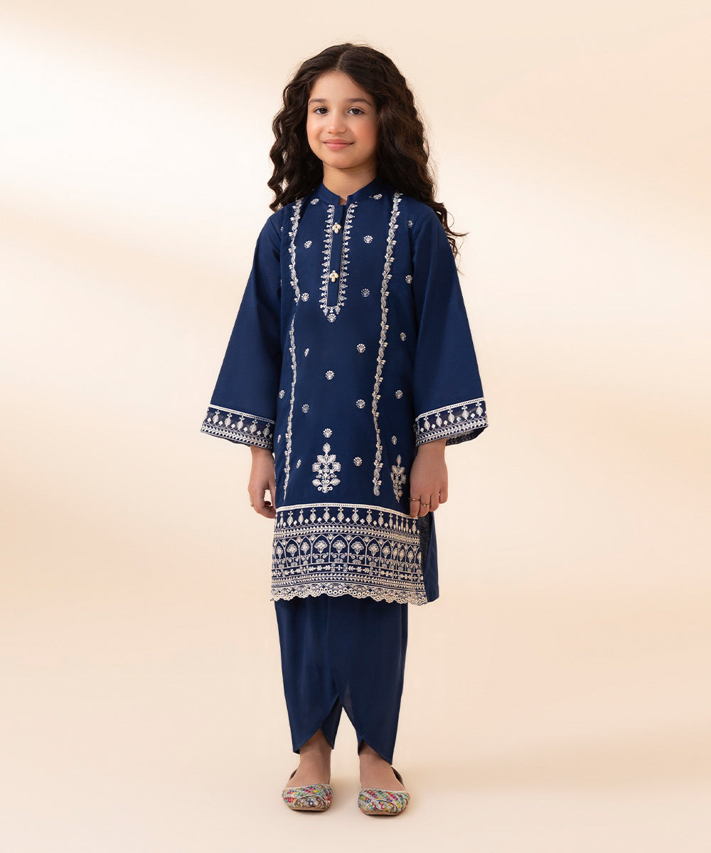 Girls Navy Blue 2 PC Embroidered Dobby Suit