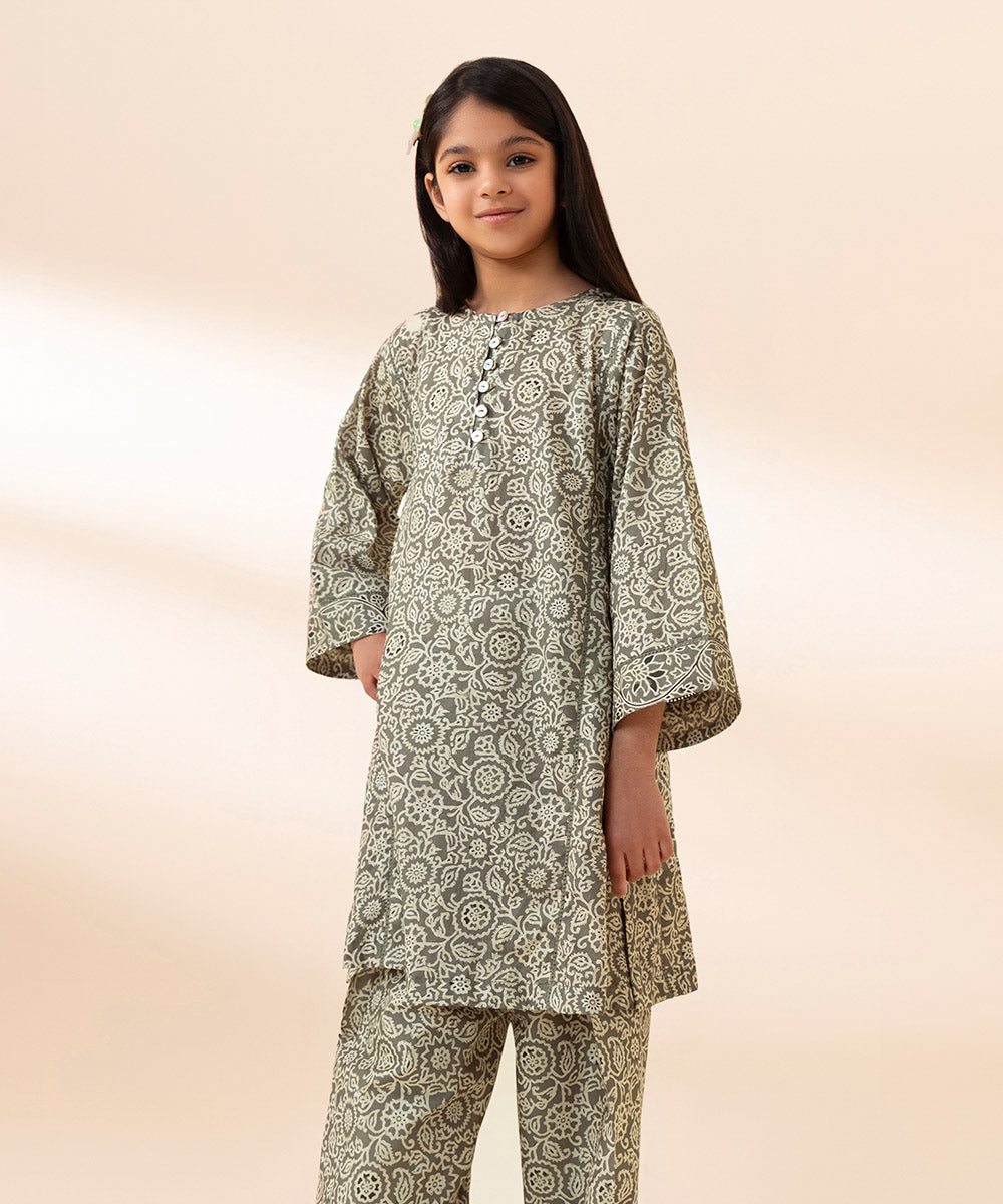 Girls Olive 2 PC Printed Basic Lawn Suit