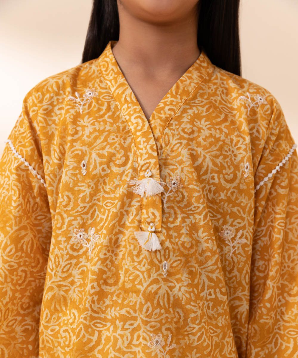 Girls Mustard 2 PC Embroidered Basic Lawn Suit