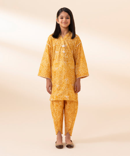 Girls Mustard 2 PC Embroidered Basic Lawn Suit