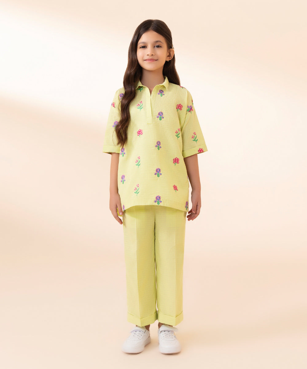 Girls Green 2 PC Embroidered dyed cord set