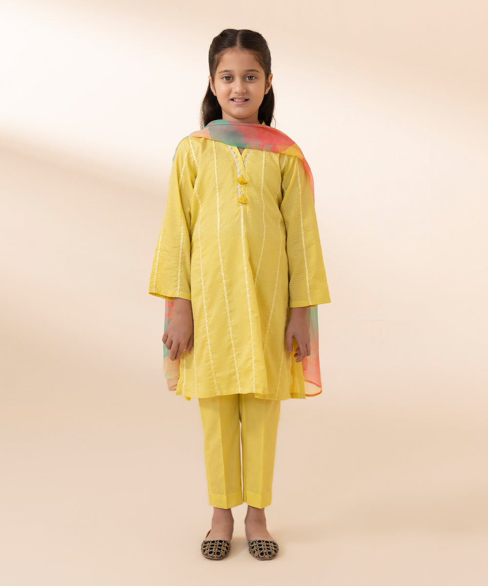 Girls Lime Yellow 3 PC Embroidered Dobby Suit