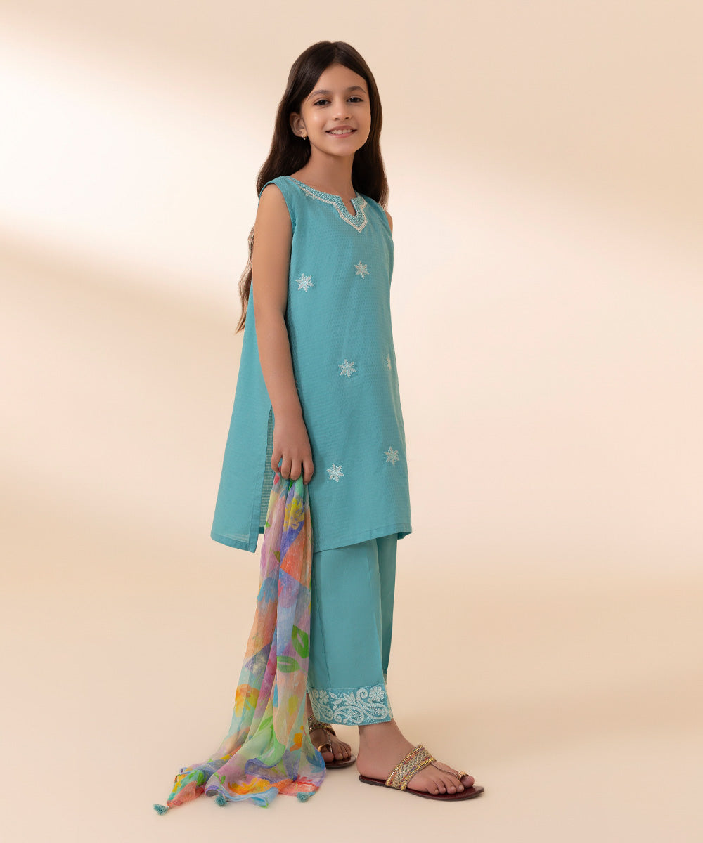 Girls Aqua Blue 3 PC Embroidered Dobby Suit