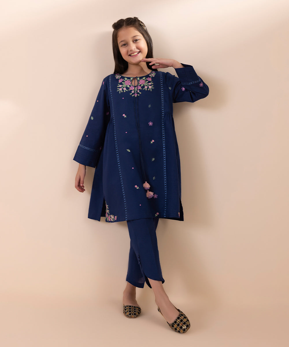 Kids East Girls Blue 2 Piece  Embroidered Cambric Suit