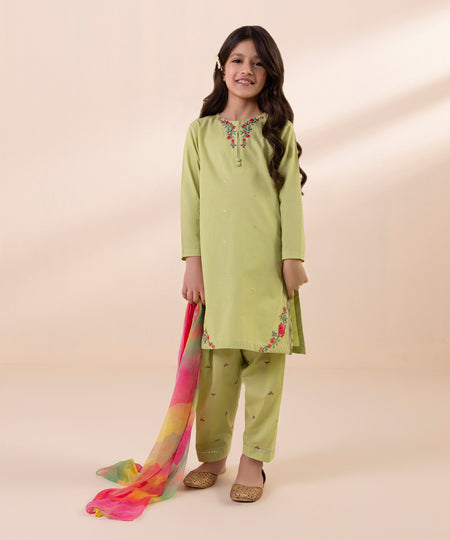 Kids East Girls Green 3 Piece  Embroidered Cambric Suit