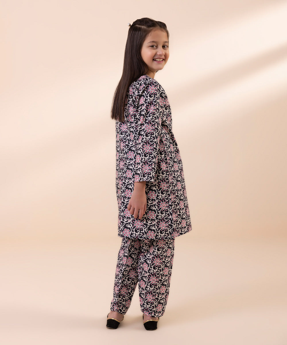 Kids East Girls Black 2 Piece  Embroidered Cambric Suit