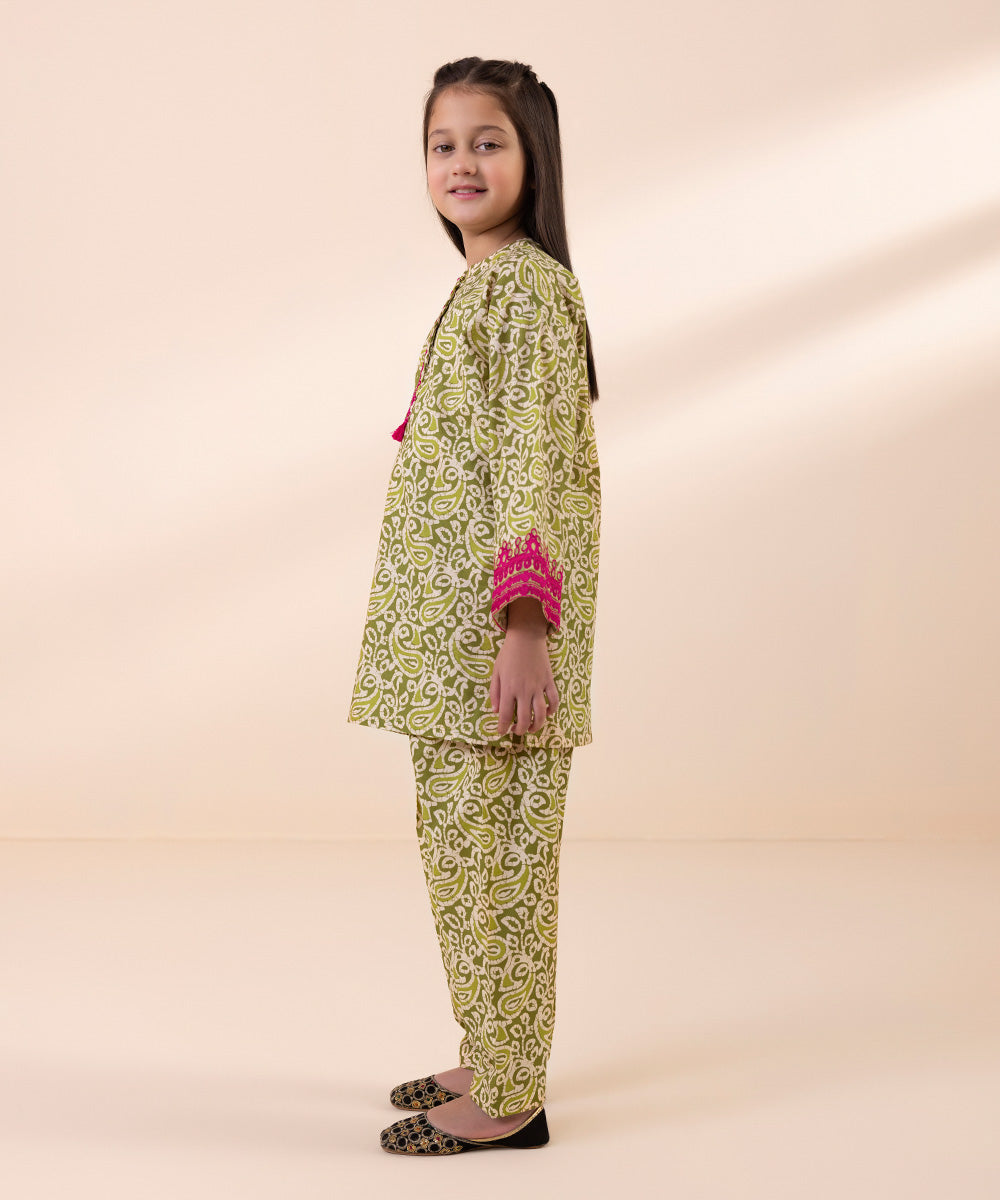 Kids East Girls Green 2 Piece  Printed Lawn Suit