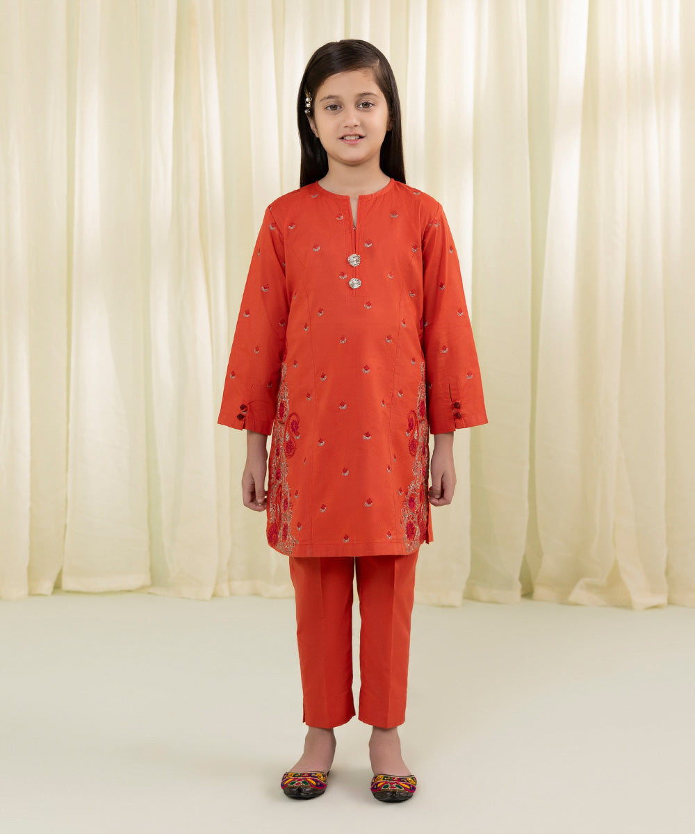 Girls Rust 2 Piece Embroidered Lawn Suit