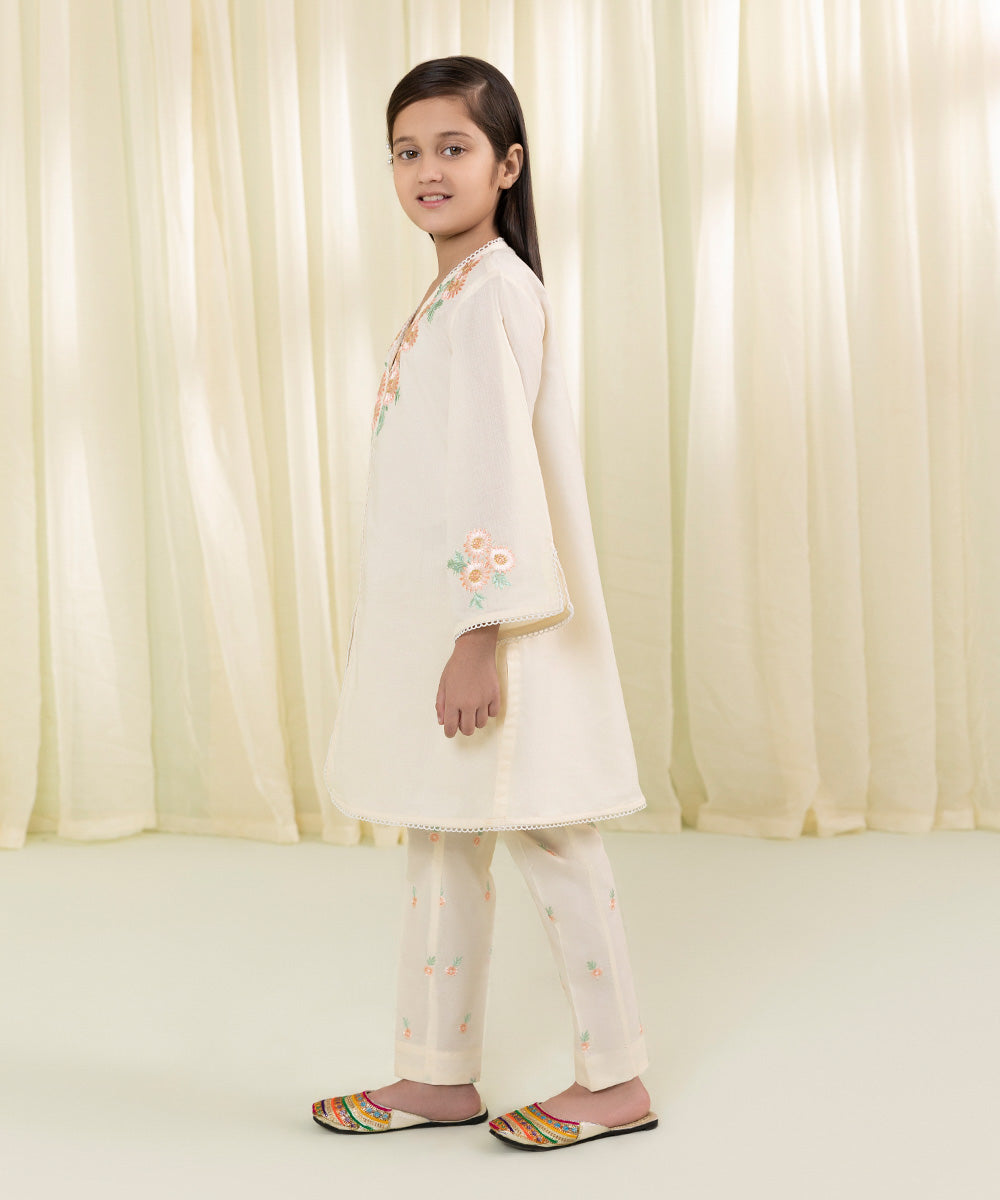 Girls Off White 2 Piece Embroidered Dobby Suit