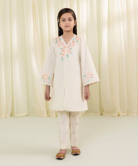 Girls Off White 2 Piece Embroidered Dobby Suit