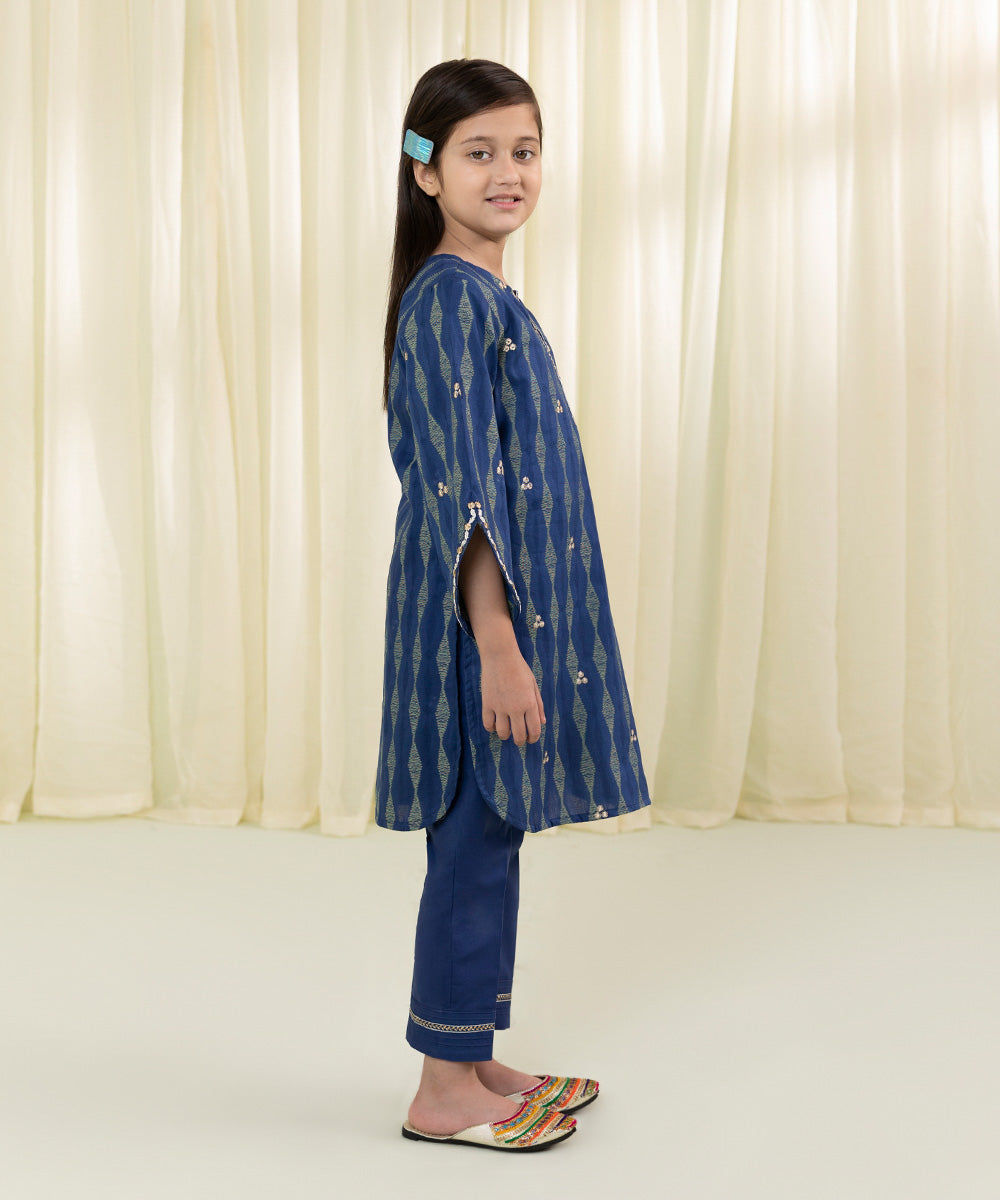 Girls Navy Blue 2 Piece Embroidered Jacquard Suit
