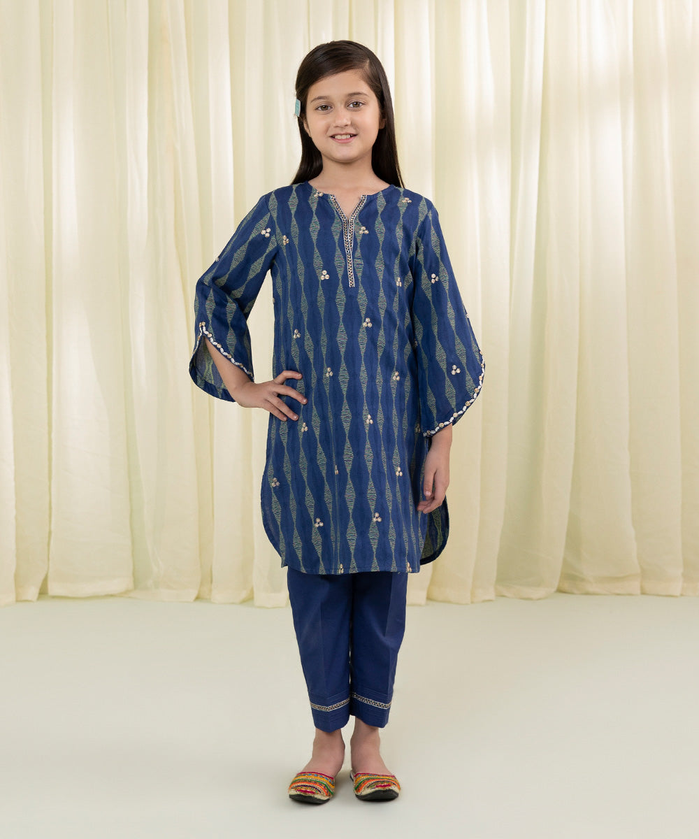 Girls Navy Blue 2 Piece Embroidered Jacquard Suit