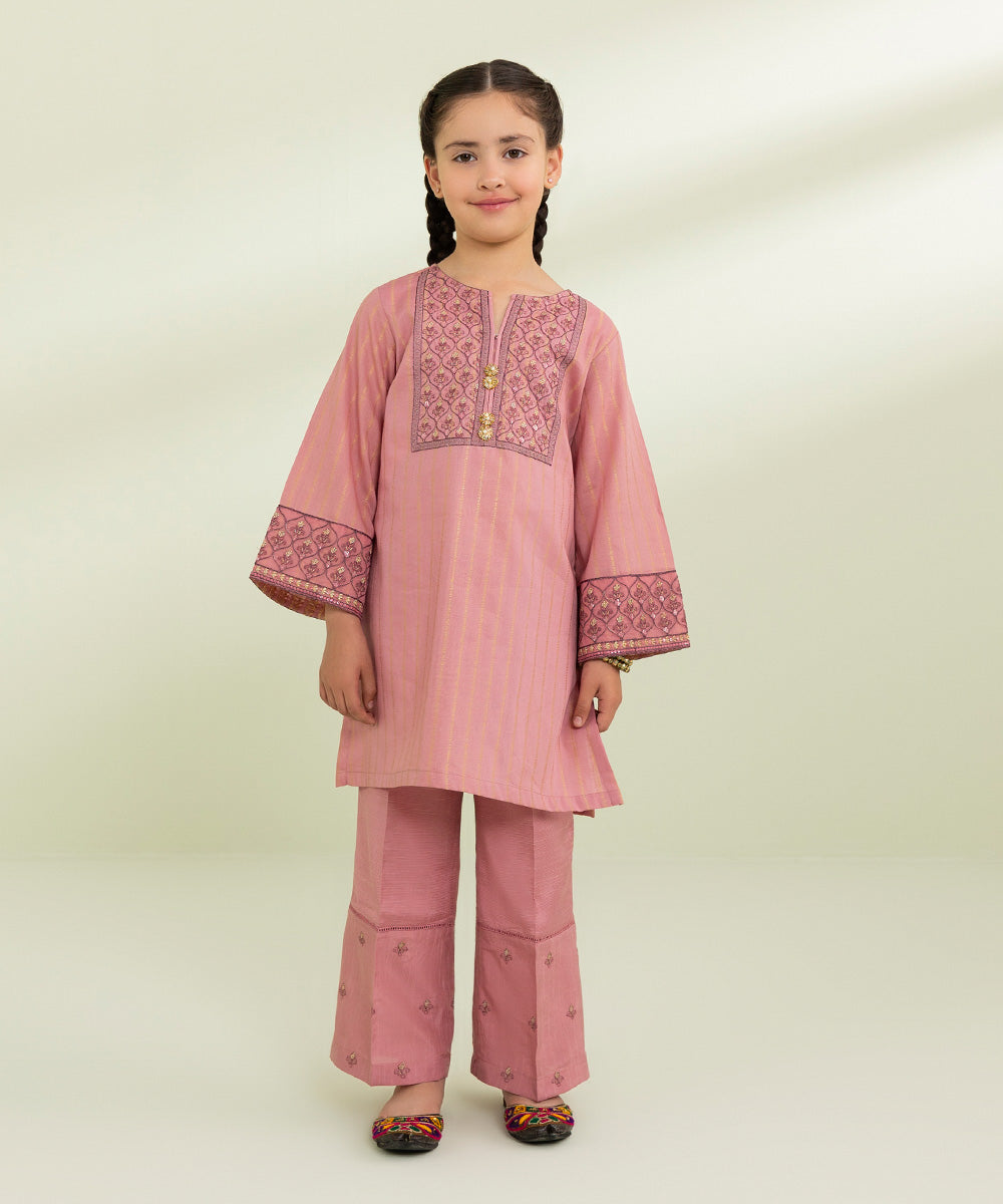 Kids East Girls Pink 2 Piece Embroidered Jacquard Suit
