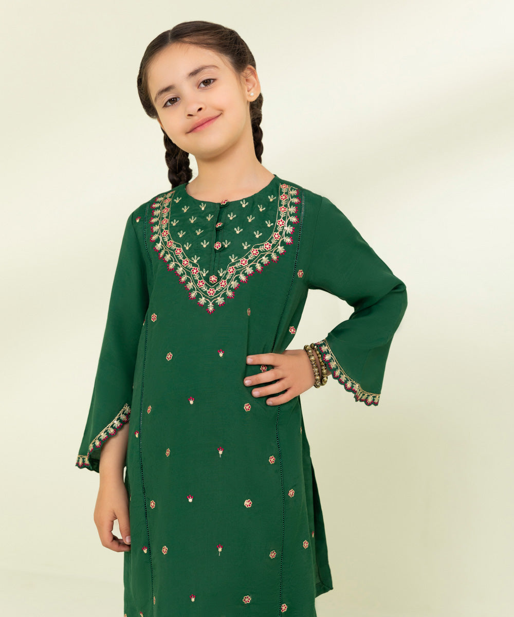 Kids East Girls Green 2 Piece Embroidered Jacquard Suit