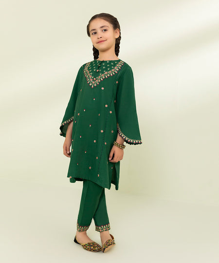 Kids East Girls Green 2 Piece Embroidered Jacquard Suit