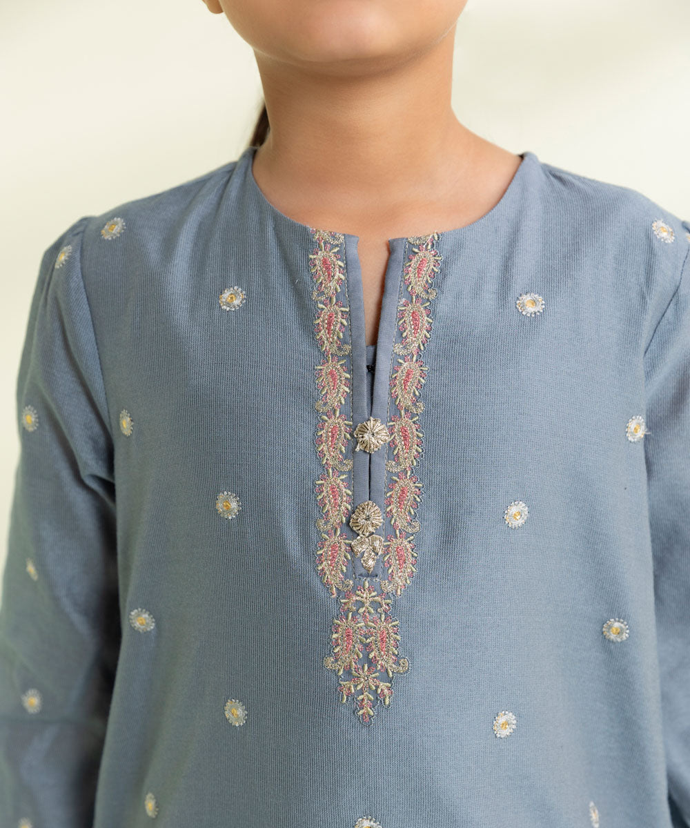 Kids East Girls Light Blue 2 Piece Embroidered Cotton Net Suit