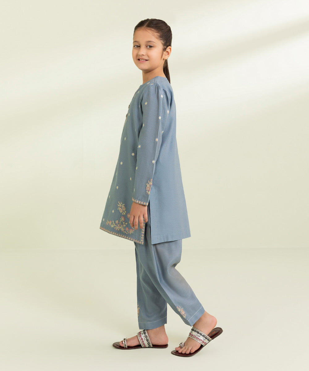 Kids East Girls Light Blue 2 Piece Embroidered Cotton Net Suit