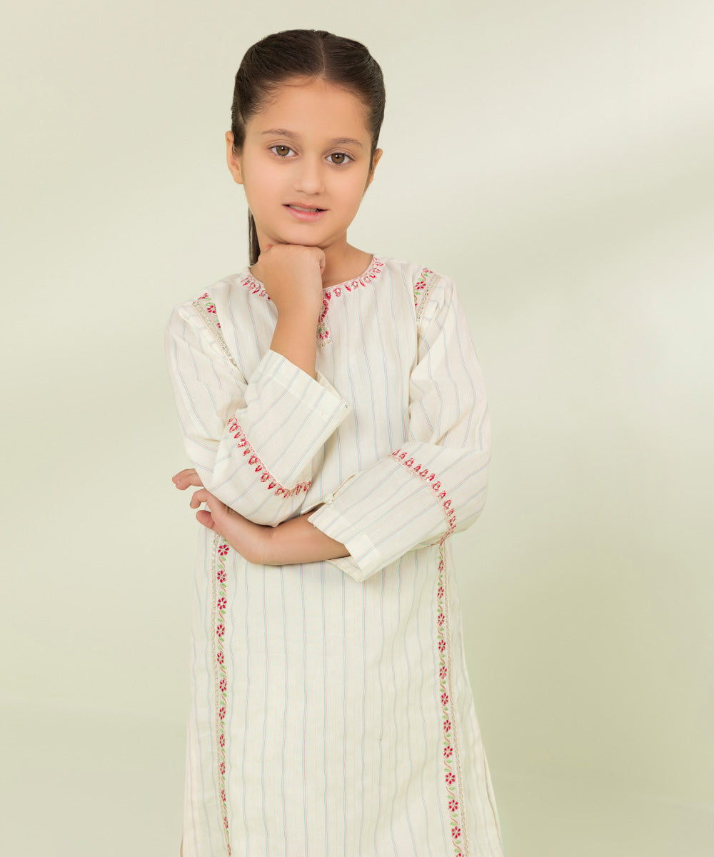 Kids East Girls Off White 2 Piece Embroidered Multi Neps Suit