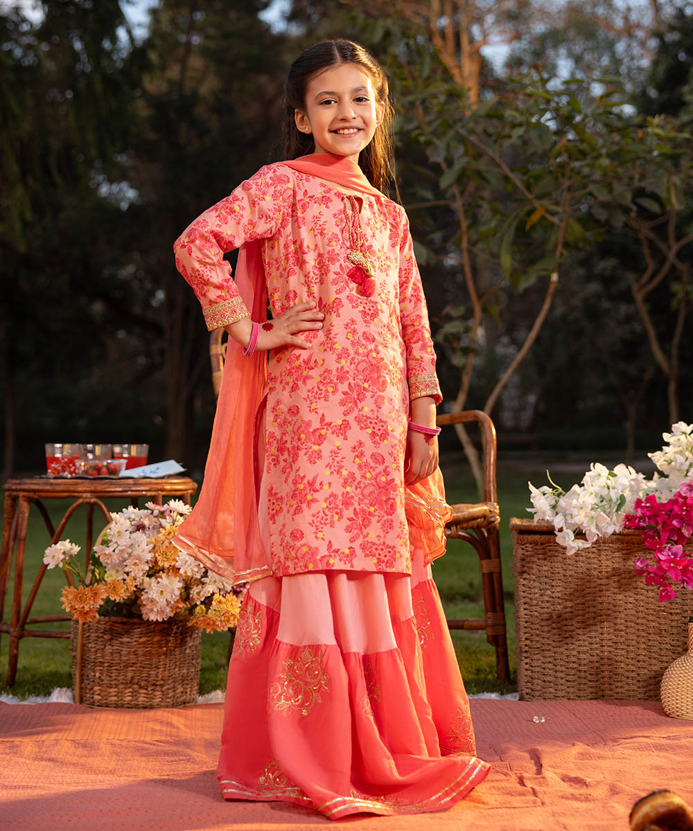 Girls Coral Pink 3 Piece Embroidered Raw Silk Suit