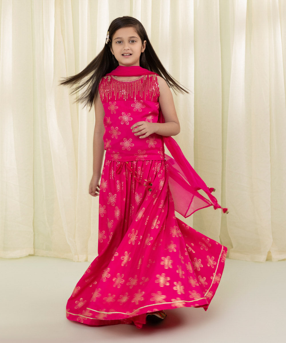Little Girl Red and Peach Block Printed 3 Piece Anarkali Suit |Custom