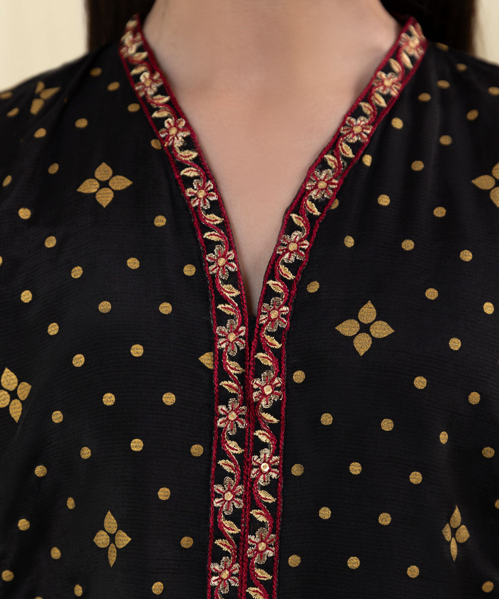 Girls Black 3 Piece Embroidered Raw Silk Suit