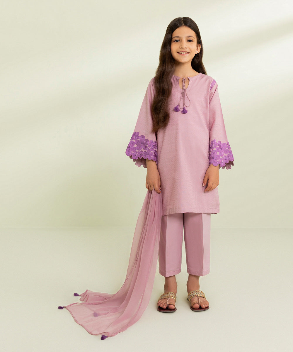 Kids East Girls Lilac 3 Piece Embroidered Jacquard Suit
