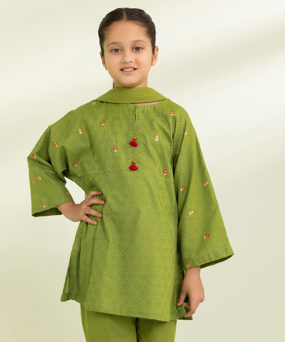 Kids East Girls Green 3 Piece Embroidered Jacquard Suit