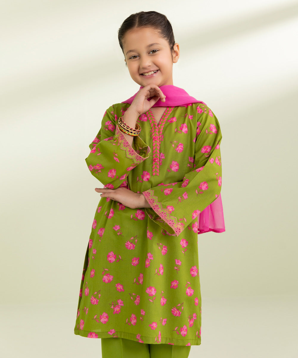 Kids East Girls Green 3 Piece Embroidered Lawn Suit