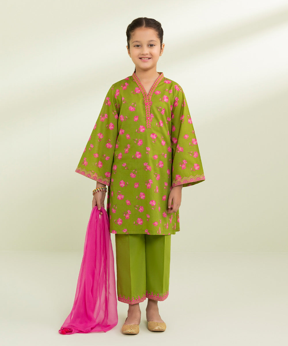 Kids East Girls Green 3 Piece Embroidered Lawn Suit
