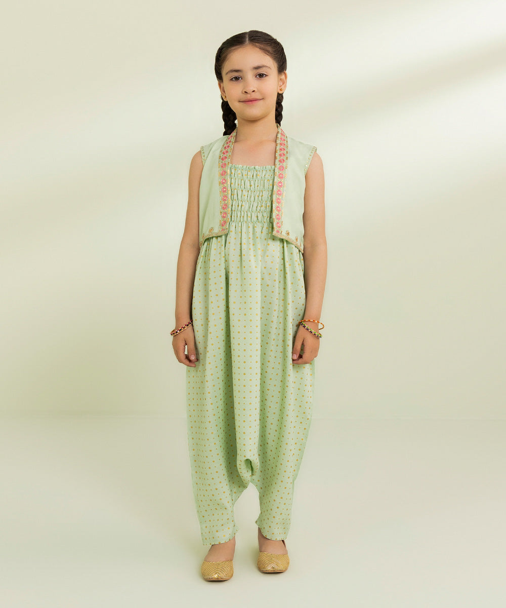 Kids East Girls Sea Green 2 Piece Embroidered Raw Silk Set