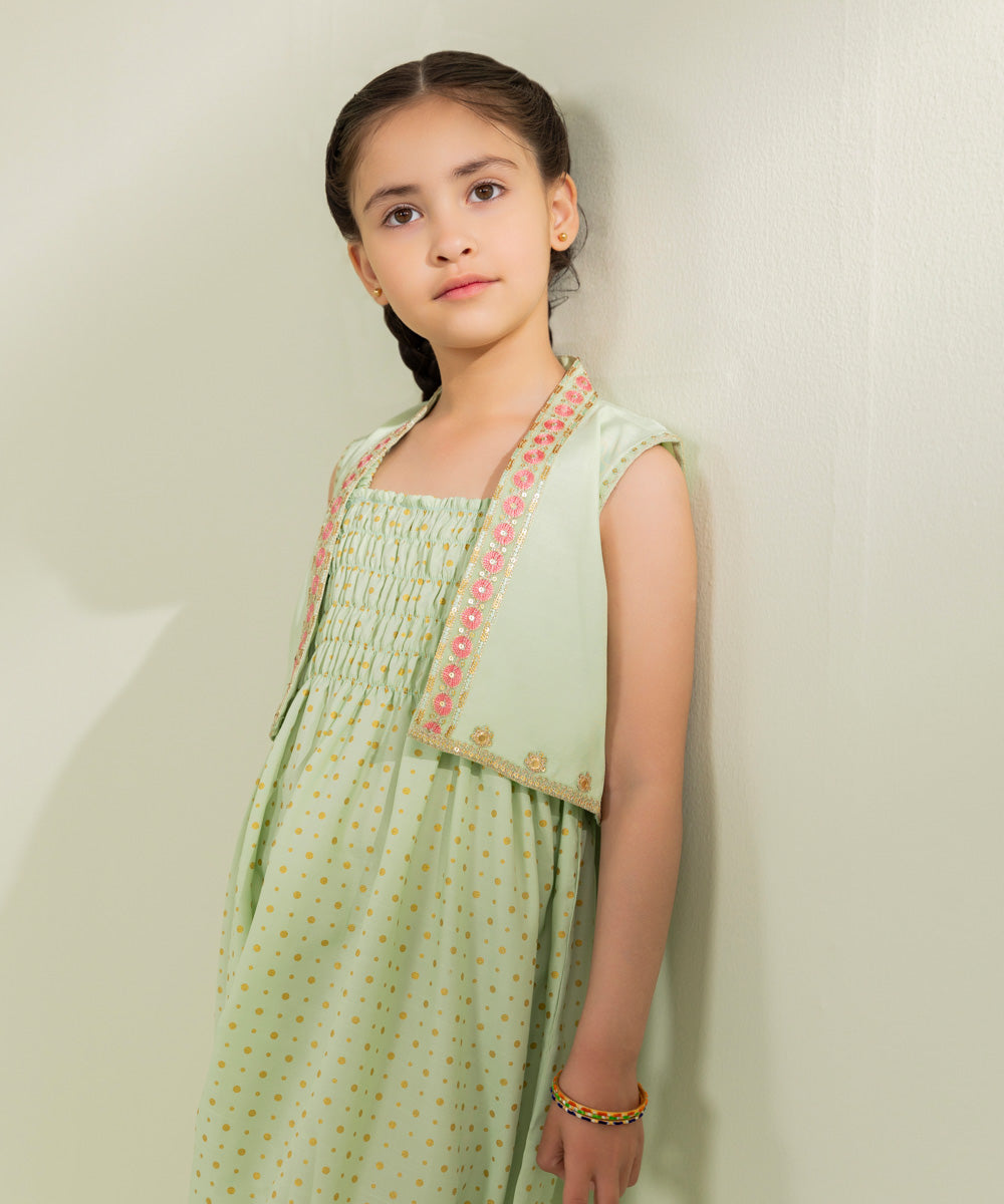 Kids East Girls Sea Green 2 Piece Embroidered Raw Silk Set