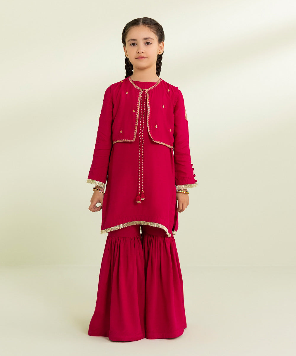 Kids East Girls Hot Pink 3 Piece Embroidered Raw Silk Suit
