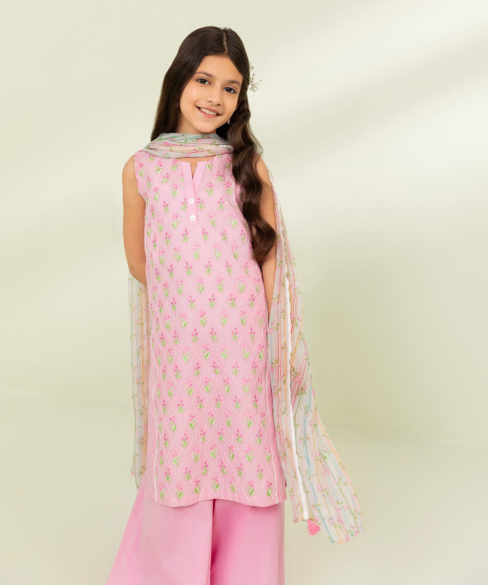 Kids East Girls Pink 3 Piece Embroidered Zari Lawn Suit