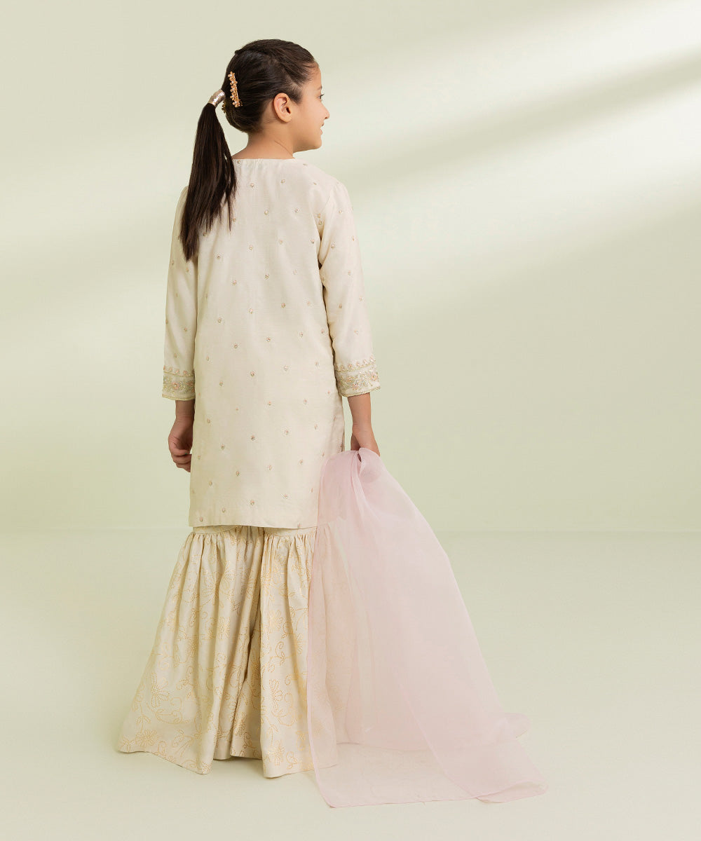 Kids East Girls Off White 3 Piece Embroidered Raw Silk Suit
