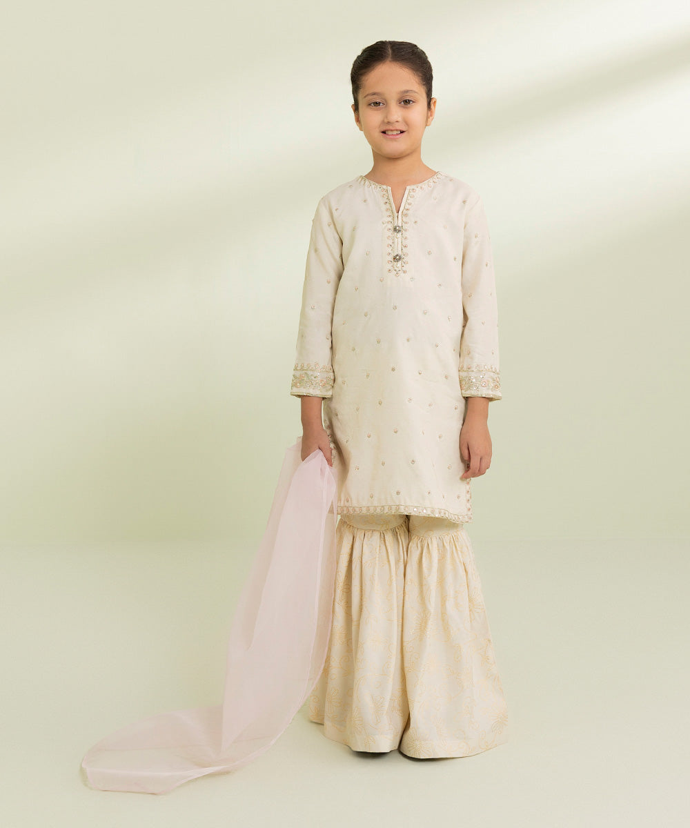 Kids East Girls Off White 3 Piece Embroidered Raw Silk Suit
