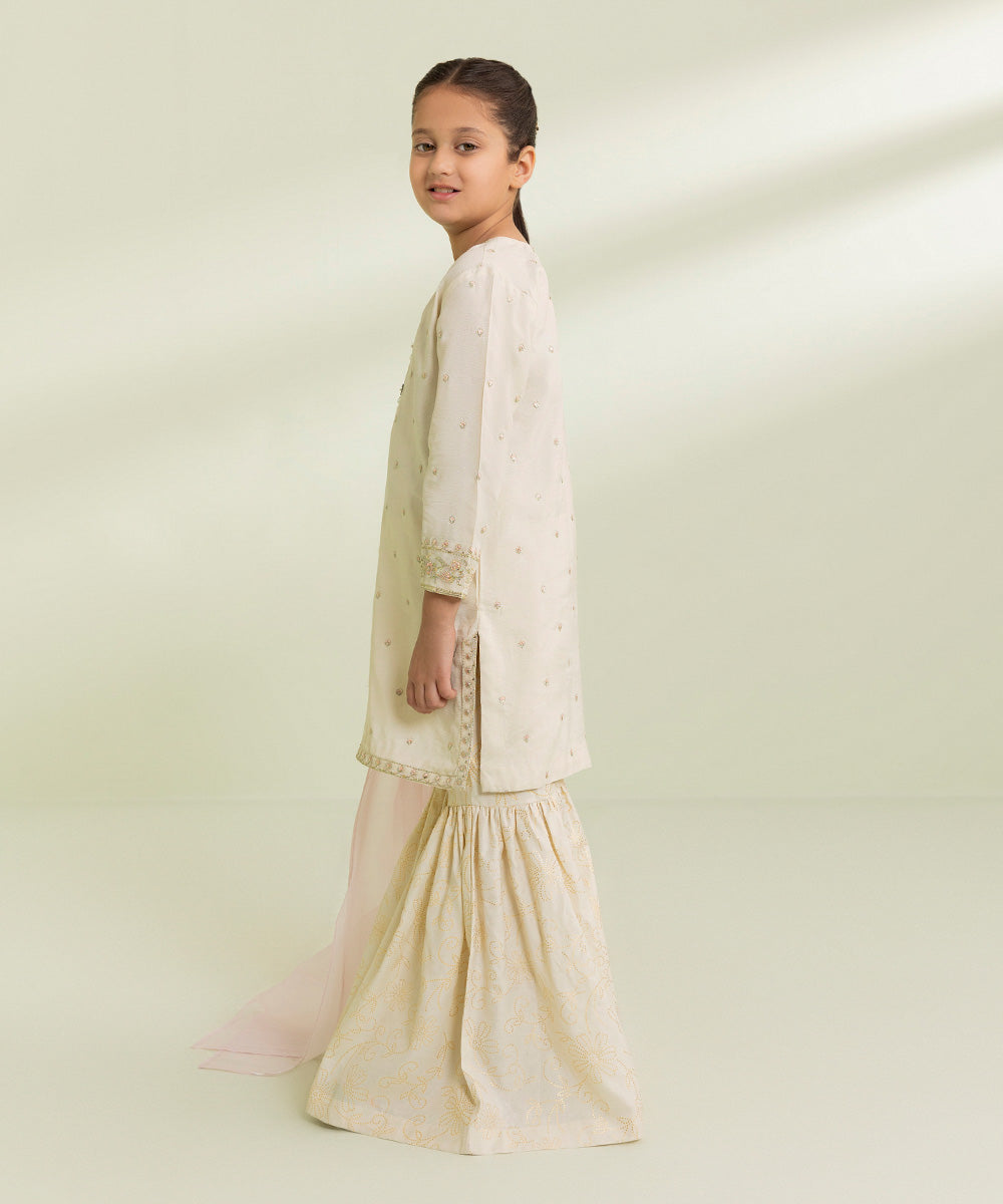 Kids East Girls Off White 3 Piece Embroidered Raw Silk Suit