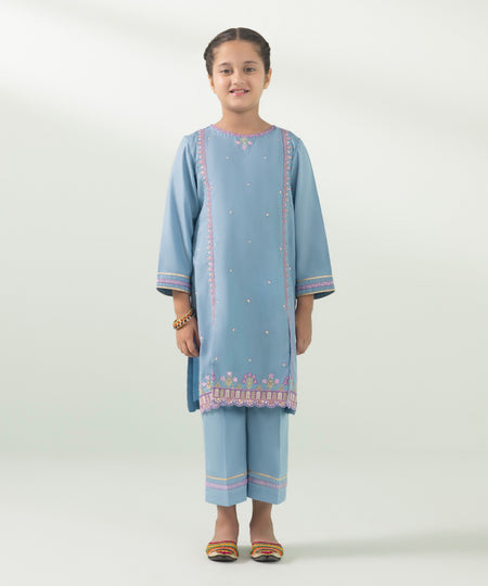 Kids East Girls Blue 2 Piece Embroidered Cotton Satin Suit