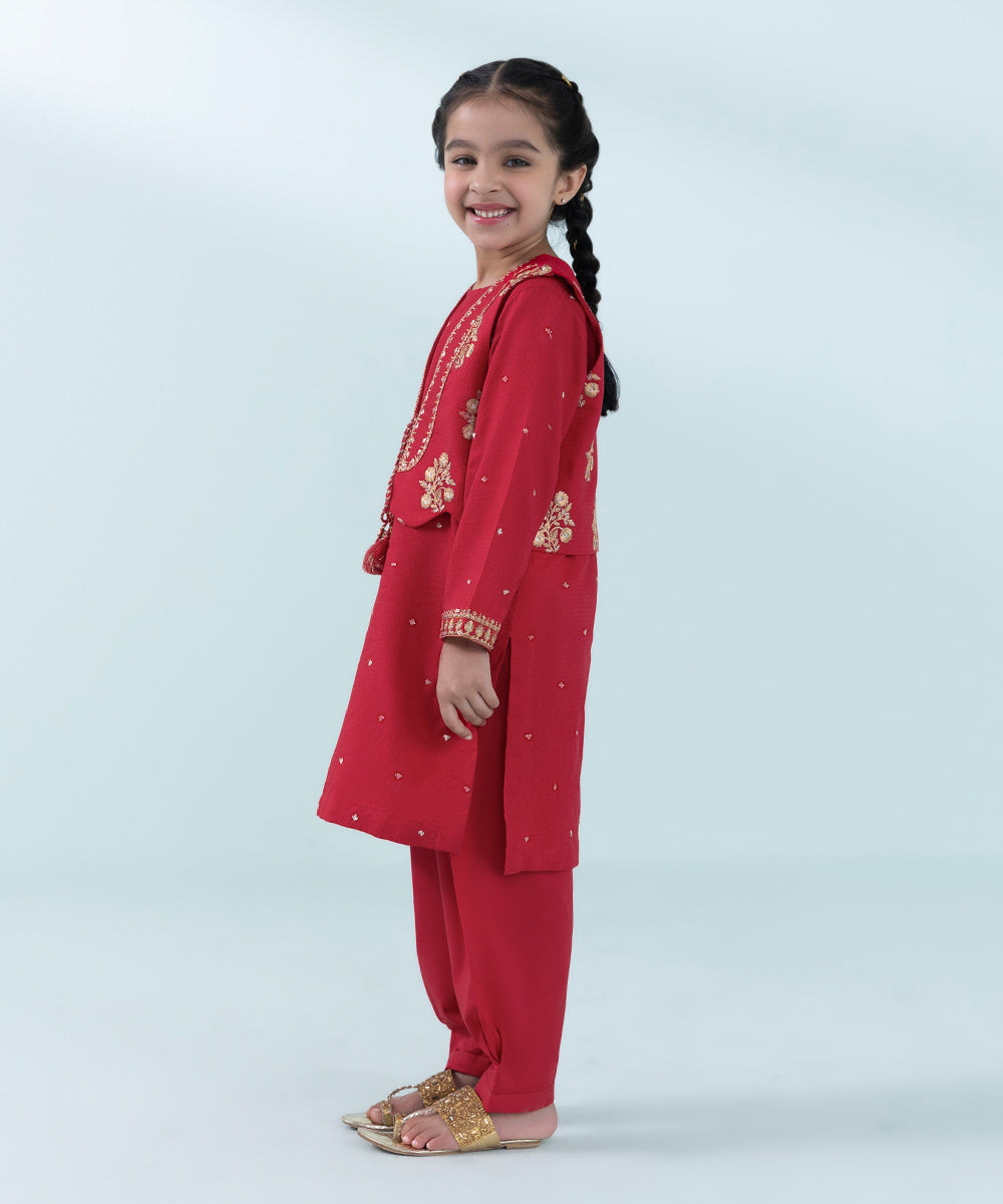 Kids East Girls Red 3 Piece Embroidered Dobby Suit