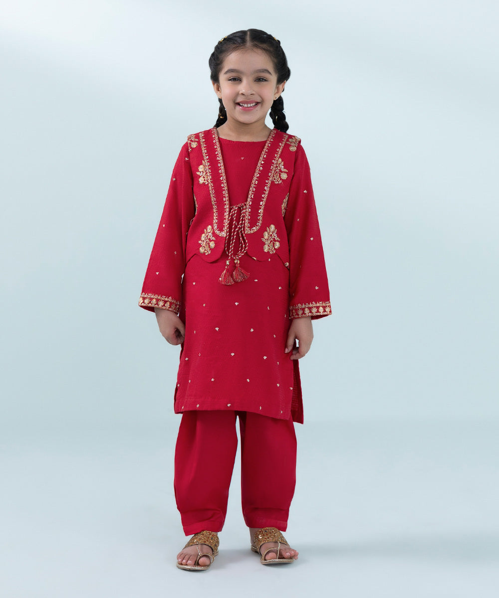 Kids East Girls Red 3 Piece Embroidered Dobby Suit