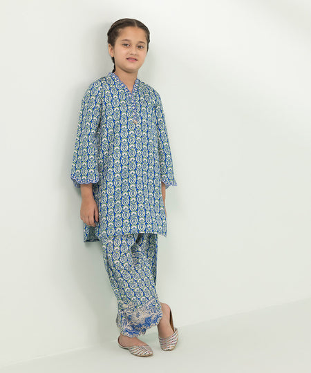 Kids East Girls Blue 2 Piece Embroidered Raw Silk Suit