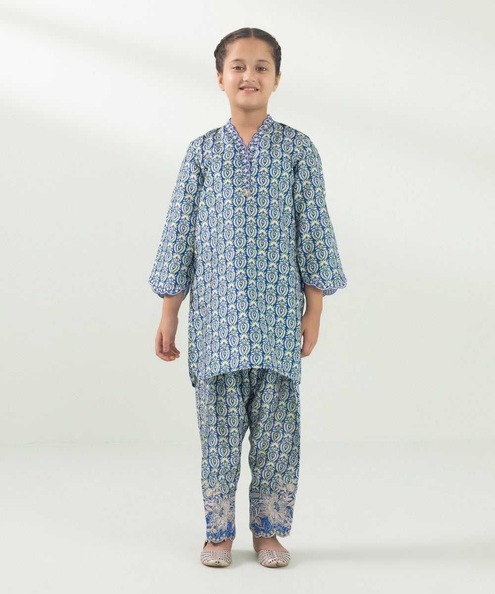 Kids East Girls Blue 2 Piece Embroidered Raw Silk Suit