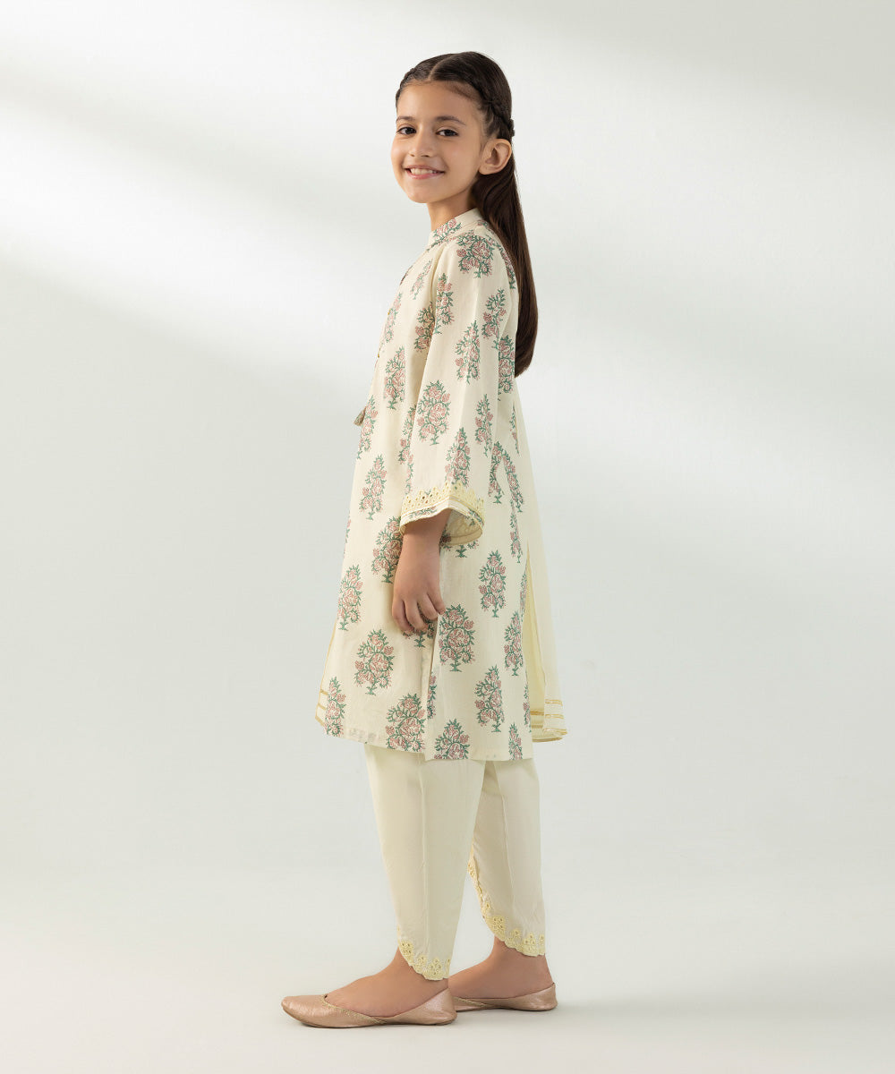 Kids East Girls Off White 3 Piece Embroidered Lawn Suit