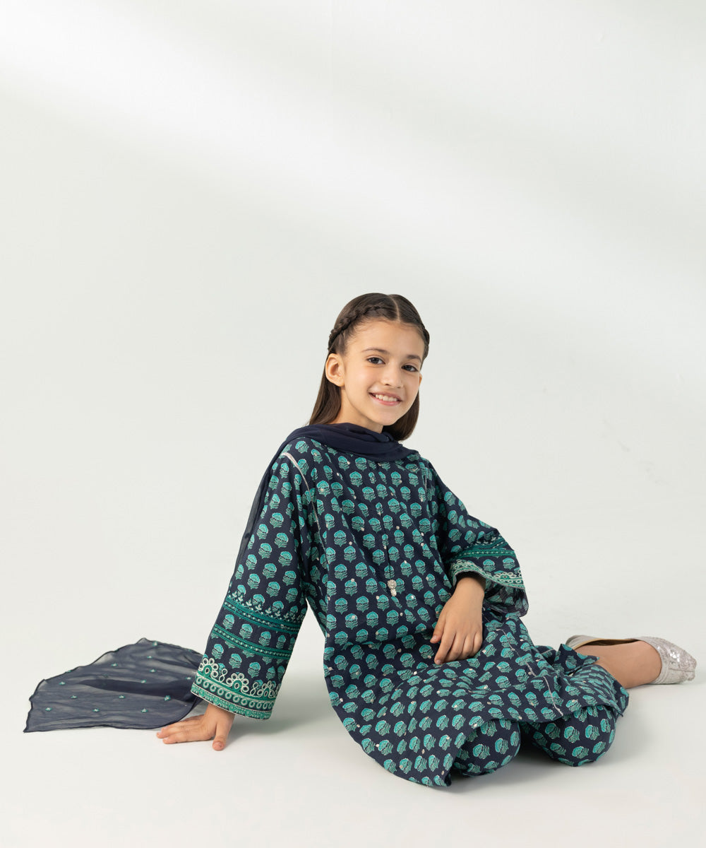 Kids East Girls Blue 3 Piece Embroidered Lawn Suit